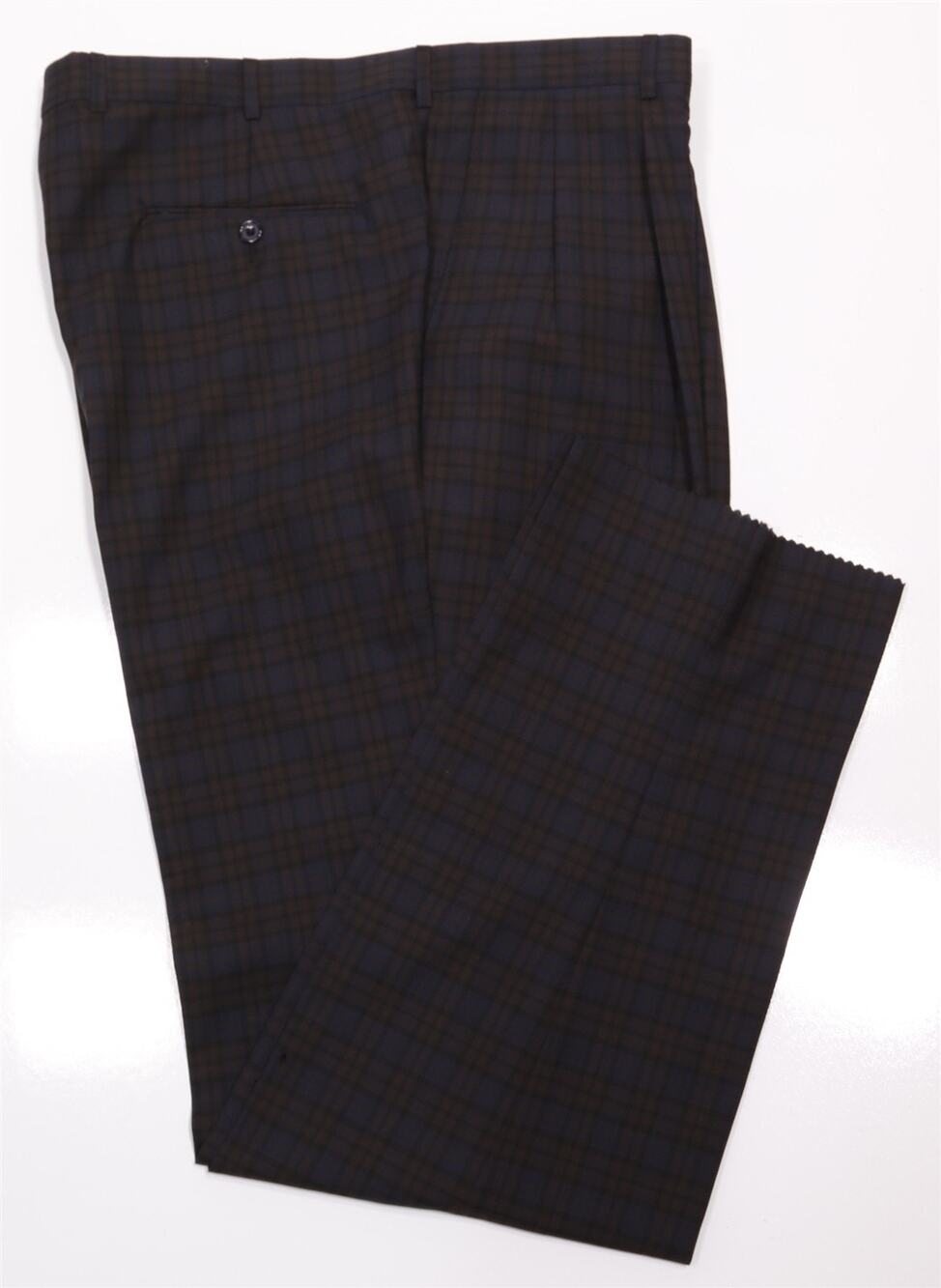 Hickey Freeman Brown Black Blue Gingham Check Pleated Wool Dress Pants 42